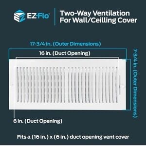 New EZ-FLO 16 x 6 Inch (Duct Opening) White Air Vent Cover for Wall or Ceiling,